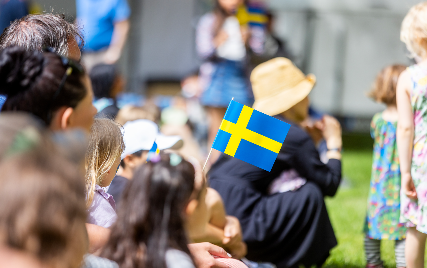 Människor som sitter i gräset, ett barn håller i en svensk flagga.