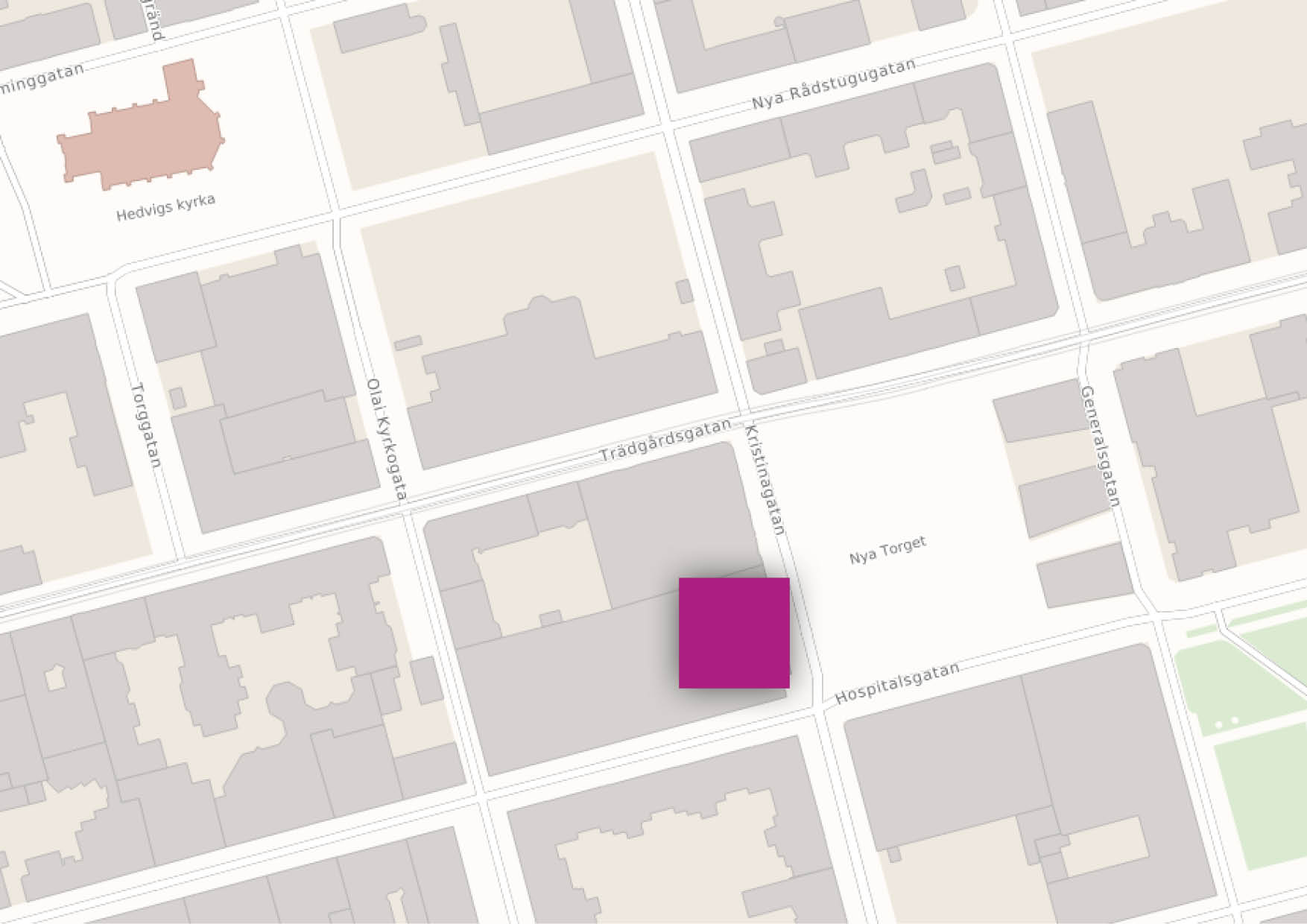 Grafisk karta med lila kvadrat vid Nya torget.