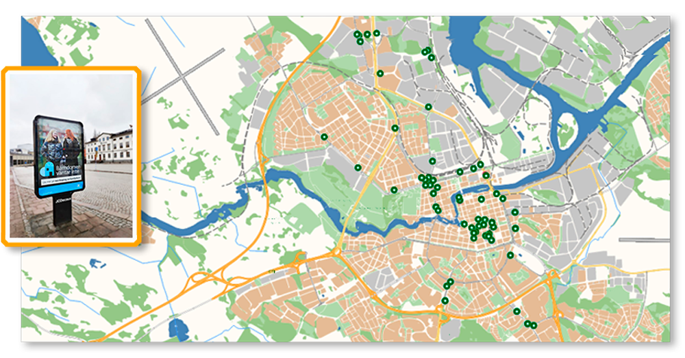 karta över Norrköpings kommuns stadsinformationstavlor
