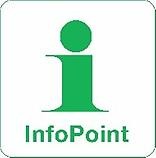 Symbol för "InfoPoint". Vit ruta med stort, grönt "i".