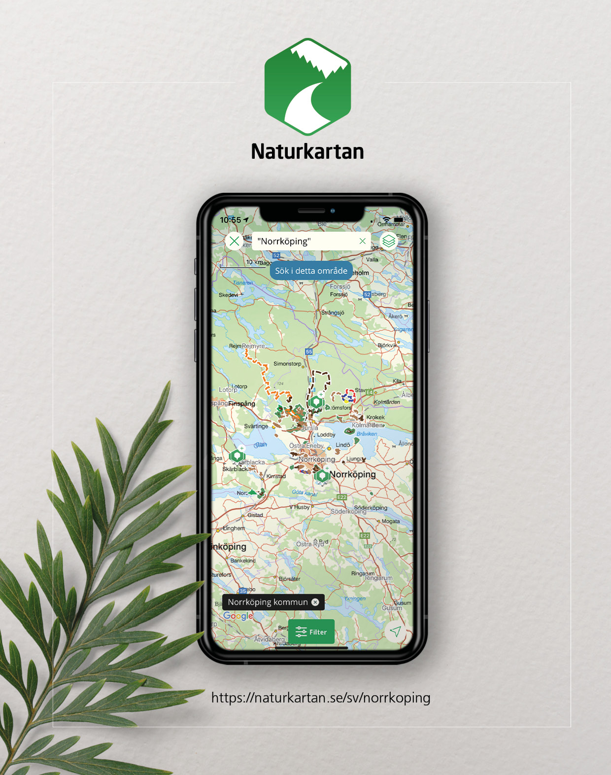 Bild på mobil som visar naturkartan