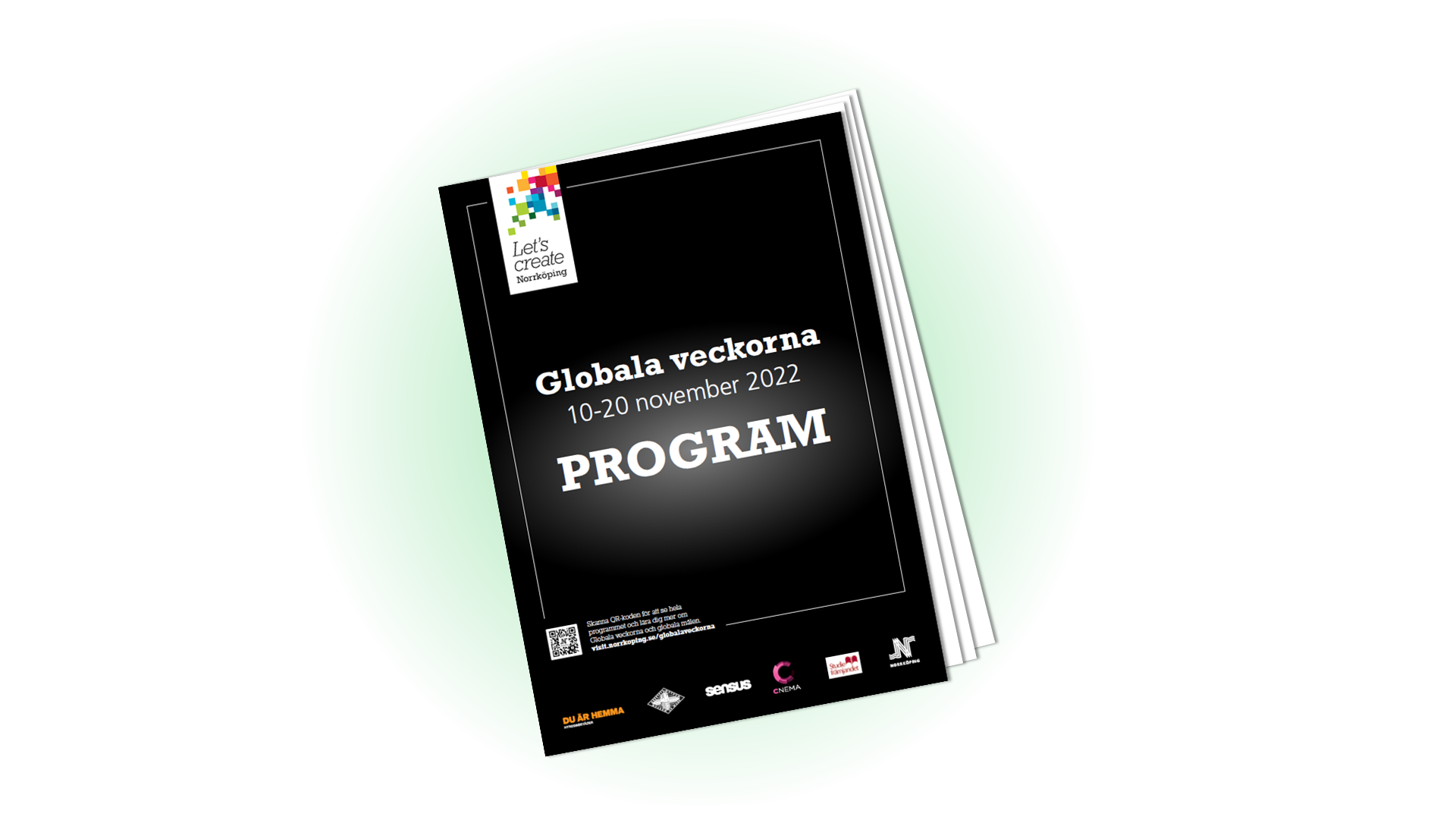 Broschyr, grönt ljus bakom, text: Globala veckorna 2022 - 10-20 november